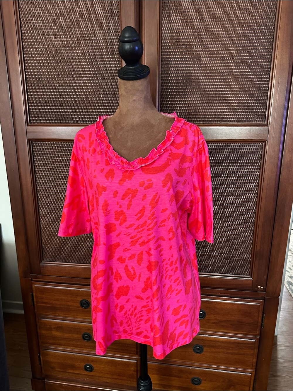 indulge Hot Pink Animal-Print Ruffle Short-Sleeve Top